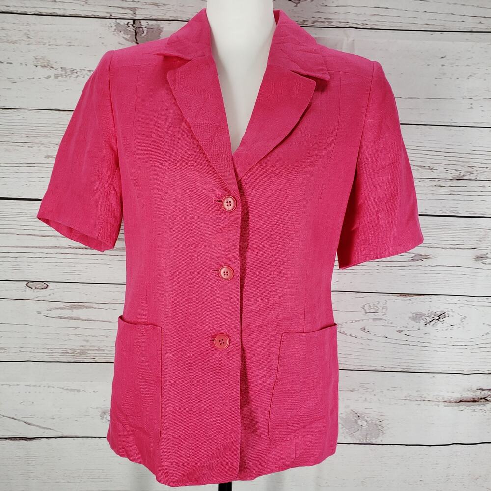 Talbots Pink 100% Irish Linen Short Sleeve Blazer Jacket Size 10 Petites
